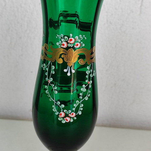 Vintage Murano vase emerald glass with handmade painting and 24K gold like new