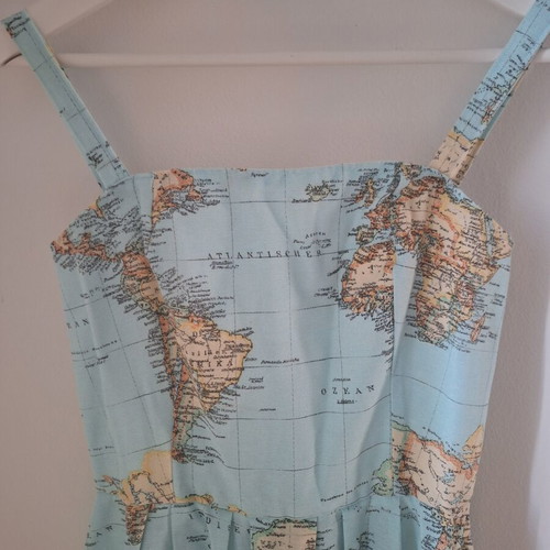 Vintage World Map Dress blue cotton skater dress, new