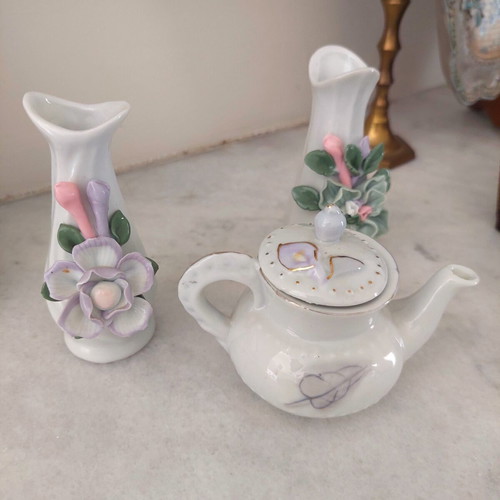 Vintage porcelain miniature set of 3, vases and teapot