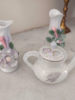 Vintage porcelain miniature set of 3, vases and teapot