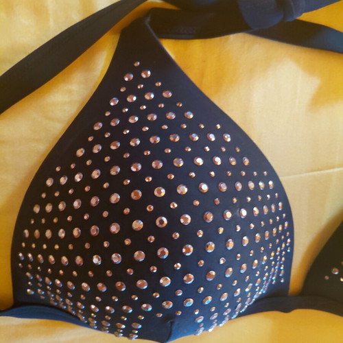 Bikini set black Large with rhinestones and high-waisted slip, new with kaftan gift