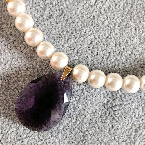 Handmade necklace with pearls and large amethyst crystal new