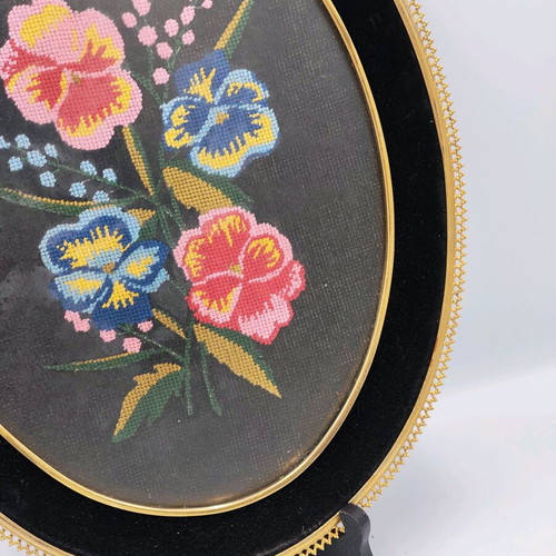 Vintage handmade tapestry used with wooden frame and glass