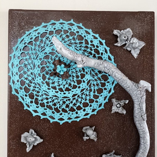 Handmade canvas frame with turquoise crochet and silver lotus stems, new
