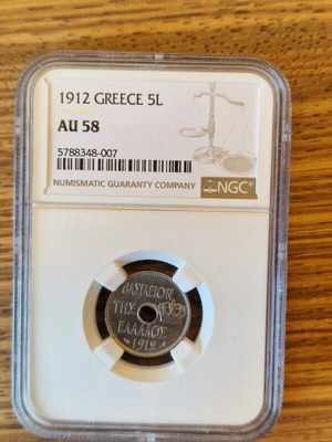 5 Lepta Coin 1912 used, certified NGC AU58