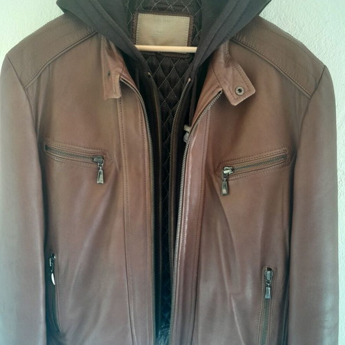 Leather jacket with hood like new, brown, size M