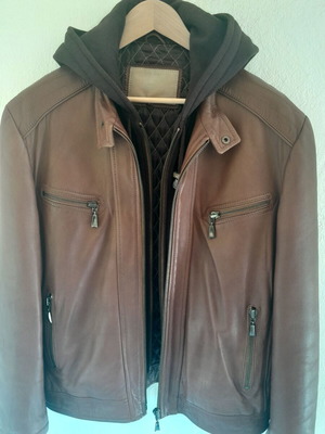 Leather jacket with hood like new, brown, size M