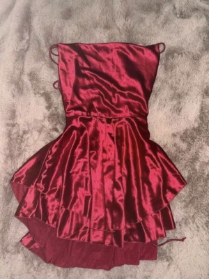Red satin mini dress, adjustable straps, silky texture