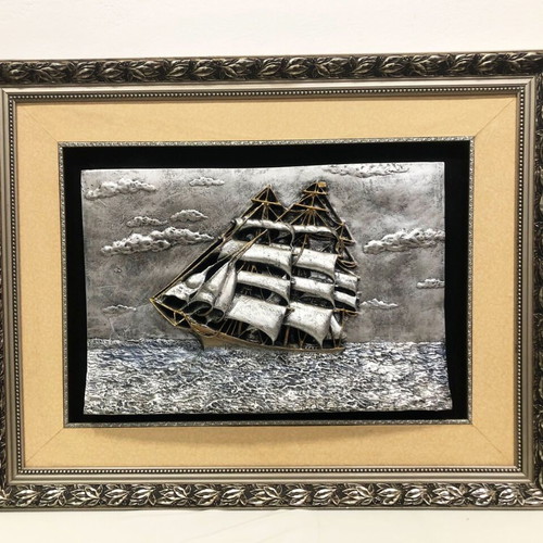 Embossed ship painting like new with carved frame 70x90cm