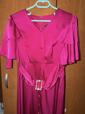 Shein long satin dress with rhinestone belt, pink fuchsia