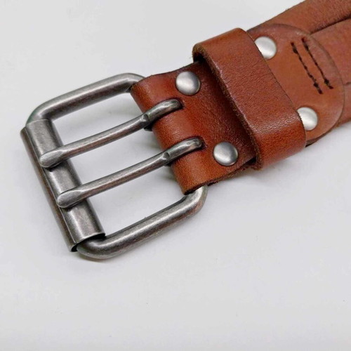KNUCKLEHEAD Leather Belt, Brown men's leather belt with metal buckle with two prongs