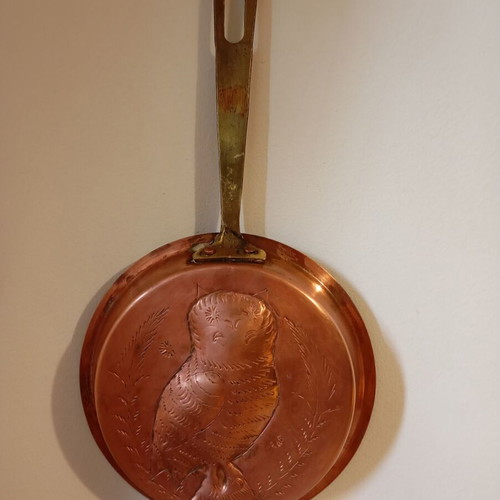 Vintage copper decorative frying pan with embossed owl used