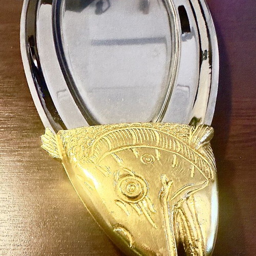 Oval stainless steel serving platter fish-shaped with gold details like new