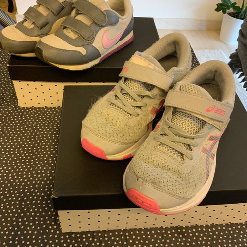 Nike and Asics athletic shoes used, size 33.5, gray with pink details