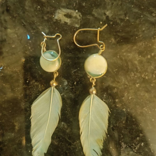 Earrings used with fake stone and feather, turquoise