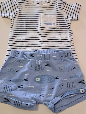 Baby Dol boys set used, blue fish shorts and striped shirt 9-12 months