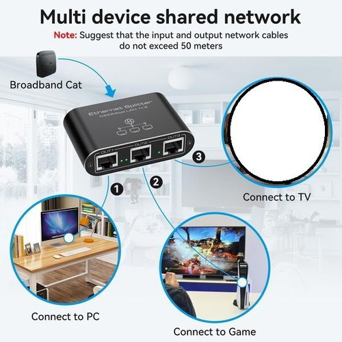 VEDINDUST Gigabit LAN Switch 1 to 3, 1000 Mbps, aluminum, USB powered