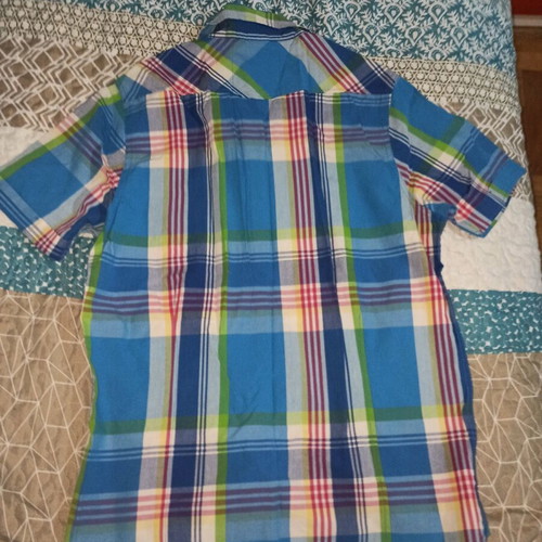 Aggressive men's shirt Large missing one button, blue