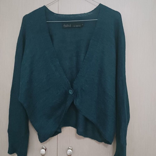 Heimi wool cardigan used, size M, petrol color