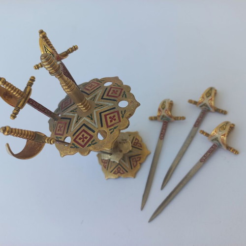 Vintage brass sword cocktail toothpick set like new