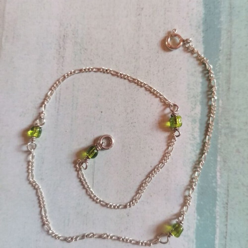 925 Silver Anklet with Figaro Chain and Green Beads new