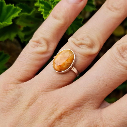 Silver ring with coral new, size 6.5, red-orange