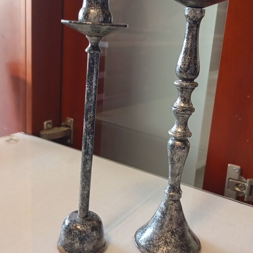 Two used classic iron decorative candlesticks 29 and 26 cm