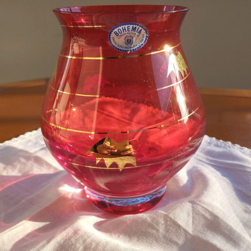 Bohemia Ruby Red vase new with 24K gold and handmade heirloom gift