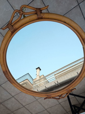 Vintage round bamboo & rattan mirror used, boho style