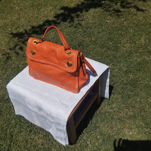 Car Shoe leather shoulder bag used, vintage patina, orange and gold