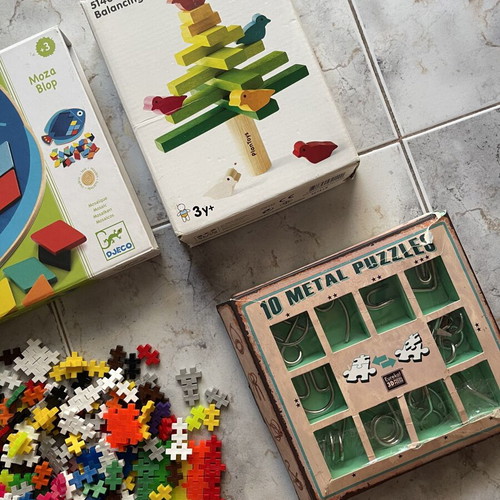 Djeco Moza Blop, Plan Toys balancing tree, Plus Plus unicorn blocks, Eureka 3D puzzles used set