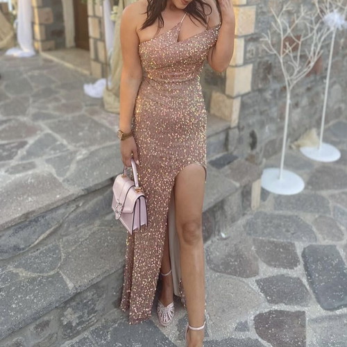 Farmaki maxi one-shoulder sequin dress with side slit, rose gold