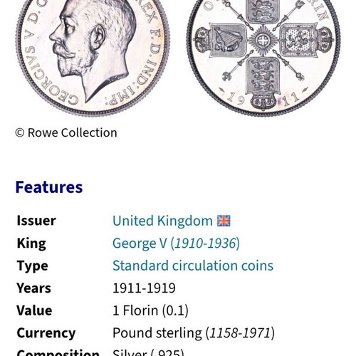 Silver coin 1 florin United Kingdom used 1918