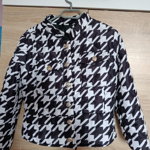 Transitional jacket with black and white houndstooth pattern restored, size S