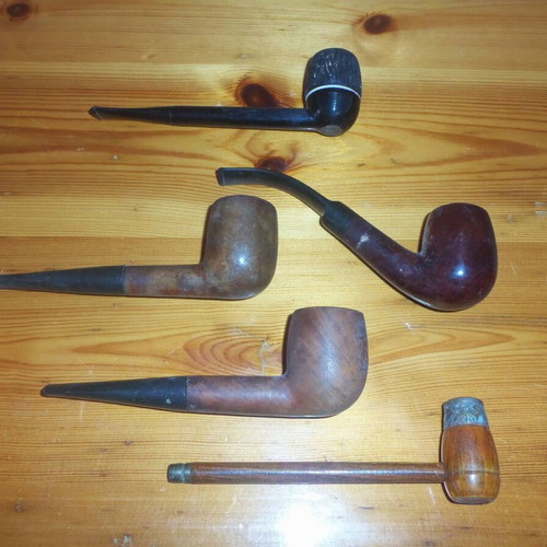 Smoking pipes used, pack of 5 with 4 different designs, 15 cm length