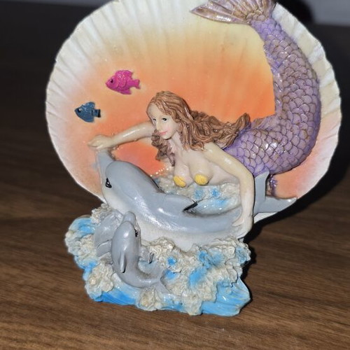 Mermaid Figurine with Dolphins in Shell resin decoration like new