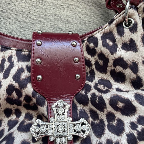 Leopard Print Shoulder Bag like new with Rhinestone Cross and Burgundy Trim