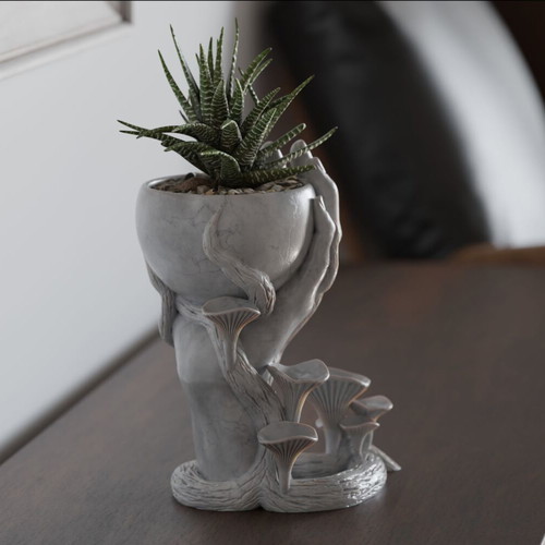Artistic Hand Planter new with Plastic Mushrooms