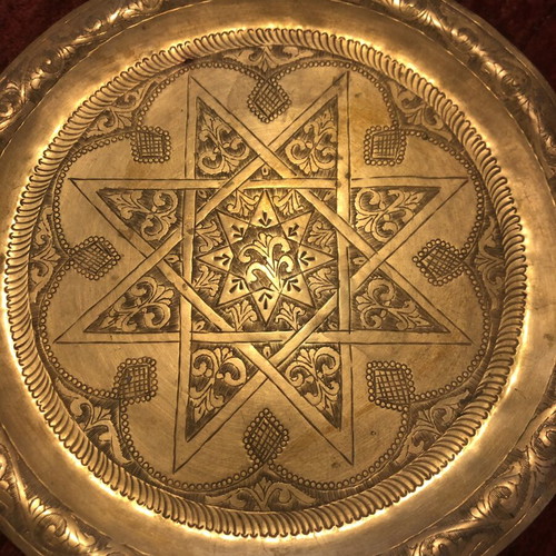 Vintage brass Moroccan tray 35cm used, handmade engraving