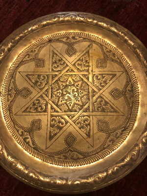 Vintage brass Moroccan tray 35cm used, handmade engraving