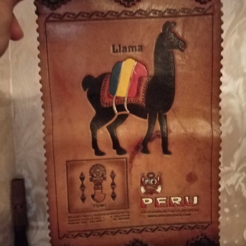 Wooden frame with leather llama photo from Peru like new