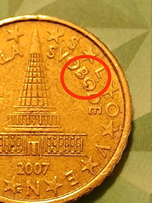 Slovenia 10 cent coin used with error 2007