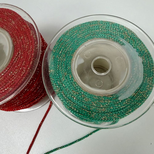 Cord for handmade crafts, 2 spools red and green with gold thread