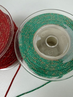 Cord for handmade crafts, 2 spools red and green with gold thread