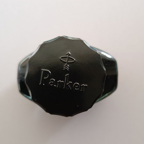Glass ink bottle Parker Quink Solv-X used with case