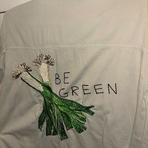 Zara denim jacket used, beige and green, size M