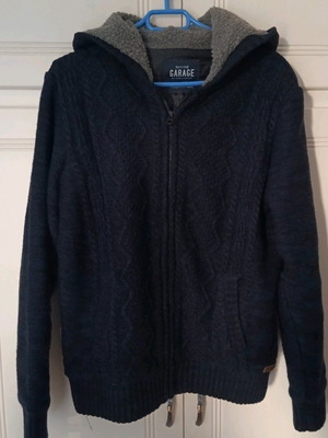 Fifty Five Garage knitted cardigan with hood like new, blue
