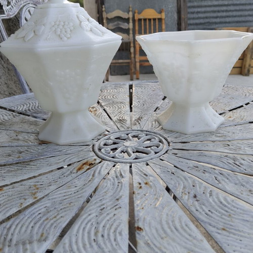 Vintage Milk Glass Bowl Set with Grape Motif used
