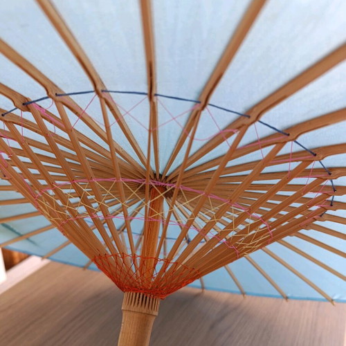 Chinese handmade umbrella used, bamboo wood and fabric (80s)