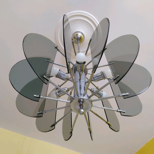 Inox ceiling chandeliers with glass, 6 lights, used